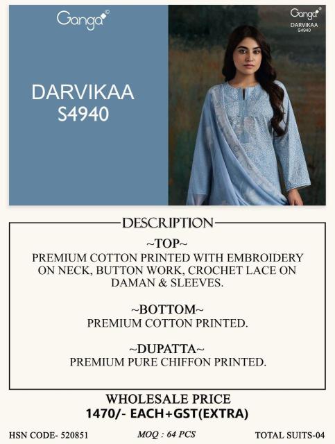 Ganga darvikaa 4940 cotton dress material wholesaler
